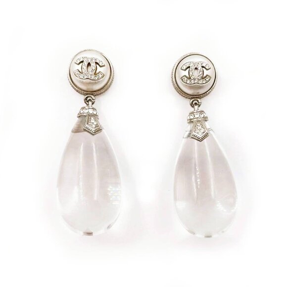 Chanel Silver CC Crystal Round Pearl Water Drop XL Clip on Earrings